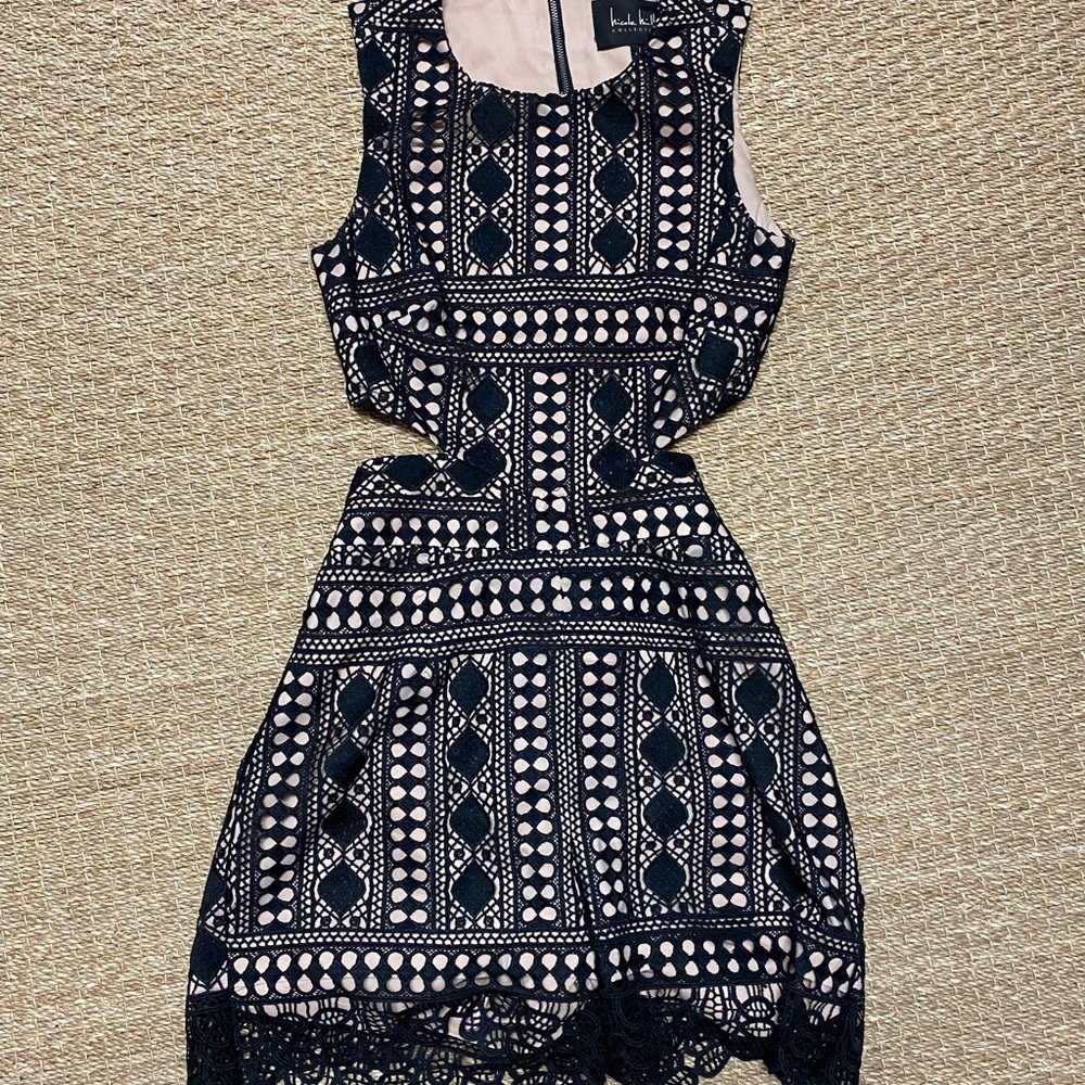 Nicole Miller black lace romper with open back